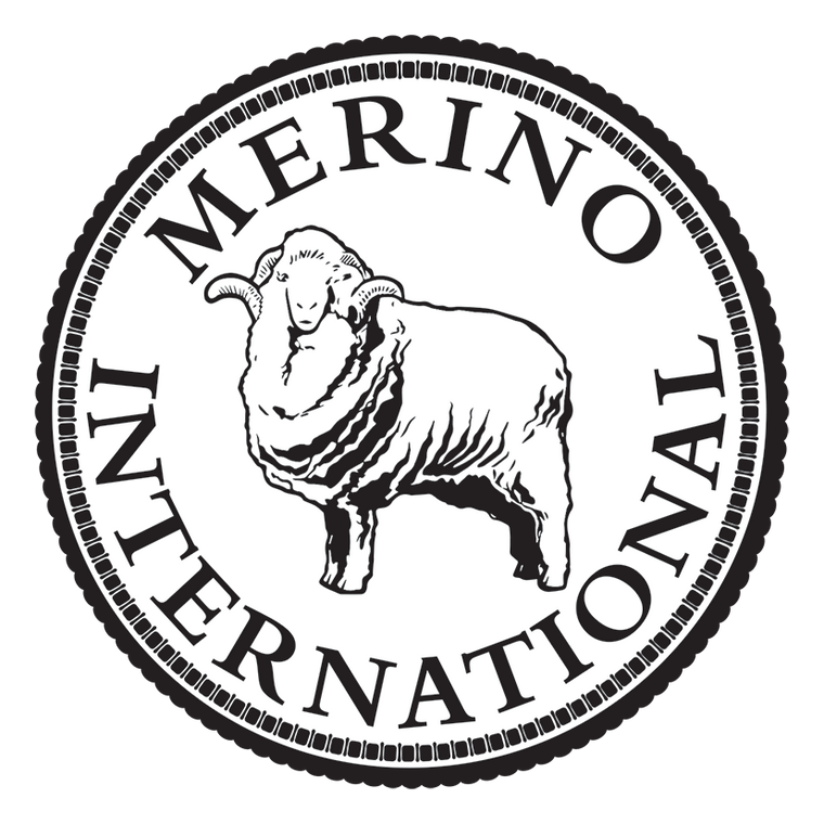 Logo; black and white drawing of a merino sheep in the centre of a black circle, text reads Merino International
